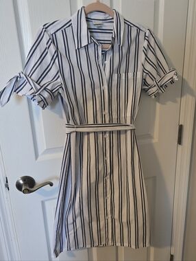 Striped Shirt Dress with Tie Belt - White & Navy Summer Dress XS
